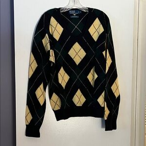 Polo Ralph Lauren V-Neck Sweater in Black, Green and Yellow Argyle